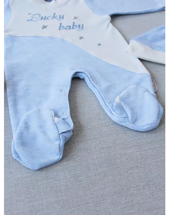 Omarı Bebek Tulumu - Nakışlı Es Çizgi Boy Şapkalı Erkek Tulumu Mavi