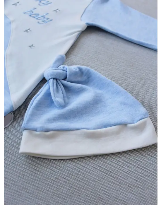 Omarı Bebek Tulumu - Nakışlı Es Çizgi Boy Şapkalı Erkek Tulumu Mavi