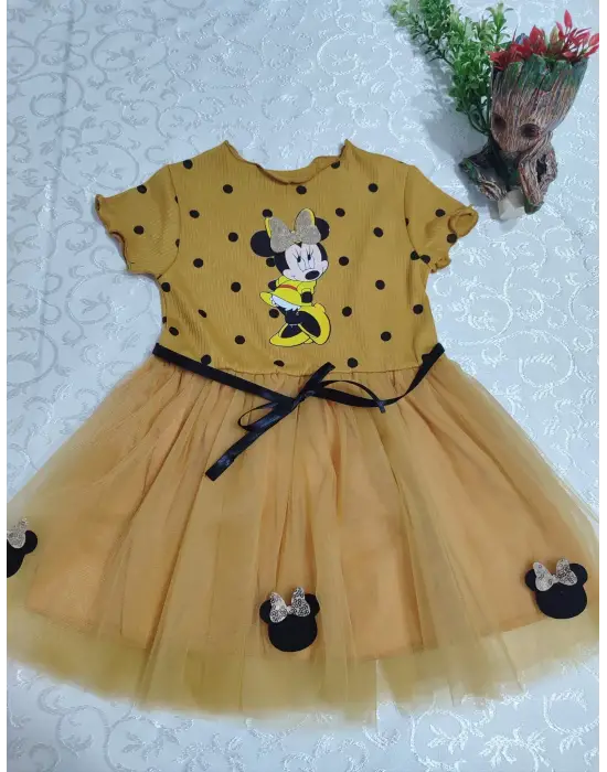 Omarı Mickey Baskılı Puantiyeli Kız Bebek Tütü Elbisesi