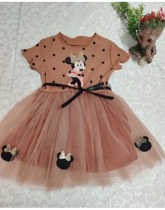 Omarı Puantiyeli Mickey Baskılı Tütü Elbisesi Kahverengi