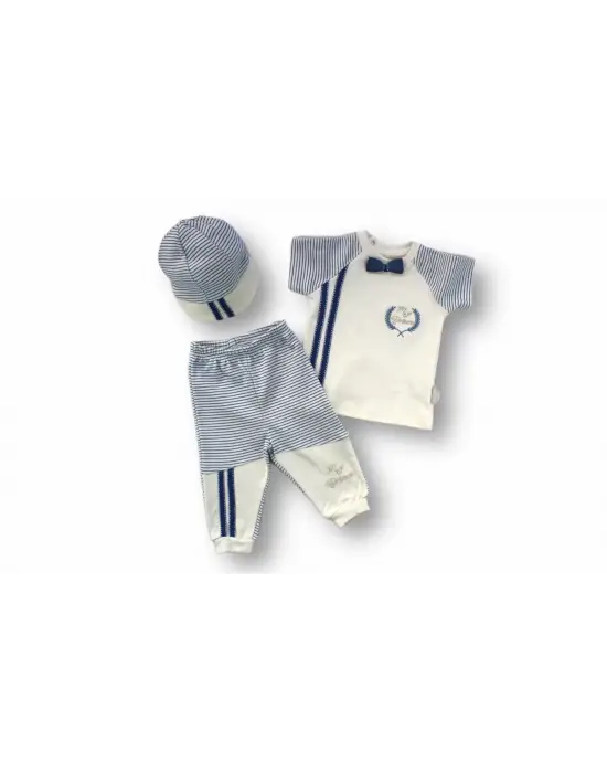 Omarı Prens Nakışlı Sweatli 3lü Erkek Bebek Takımı - Ekru