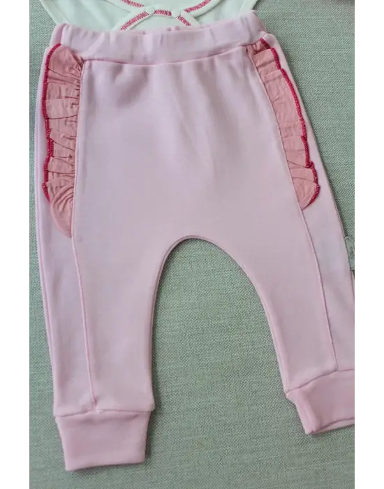 Omarı Hello Nakışlı Kruvaze Bandanalı Kız Bebek Takımı Pembe