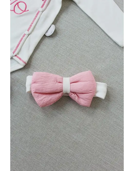 Omarı Hello Nakışlı Kruvaze Bandanalı Kız Bebek Takımı Pembe
