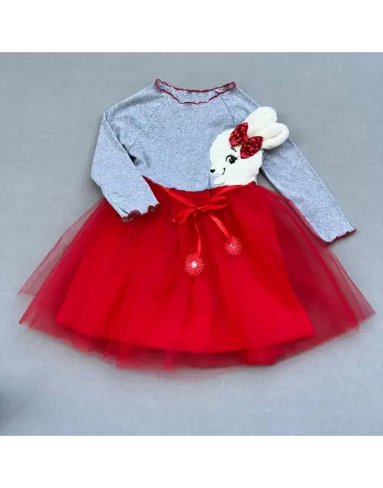 Omarı 5-6-7 Yaş Kız Çocuk Tütü Elbise - Pelüş Tavşan Desenli