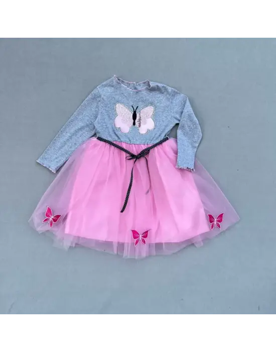 Omarı Kelebek Desenli Astarlı Kız Çocuk Tütü Elbise - Pembe