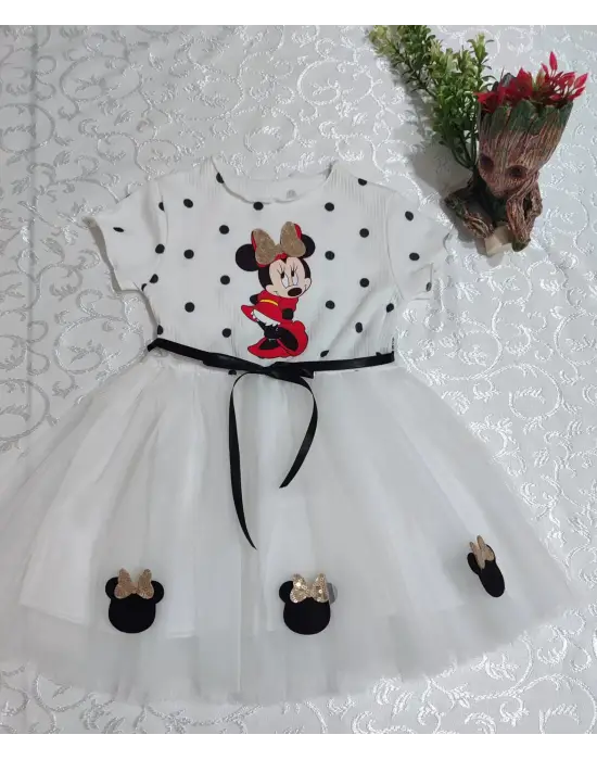 Omarı Mickey Baskılı Puantiyeli Kız Bebek Tütü Elbisesi