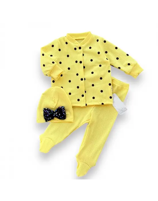 Omarı Puan Desenli Şapka ve Patikli Bebek Takımı Sarı