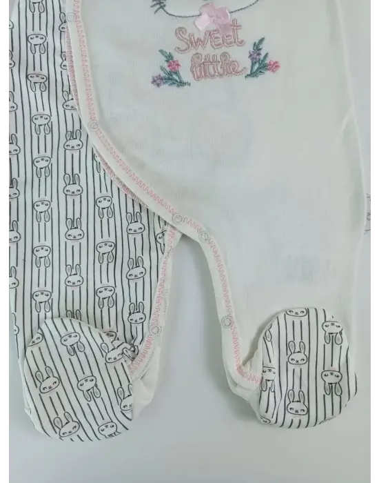 Omarı Minik Tavşan Nakışlı Bebek Tulumu Ekru