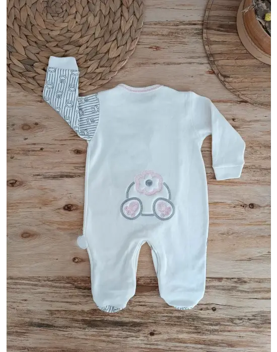Omarı Minik Tavşan Nakışlı Bebek Tulumu Ekru