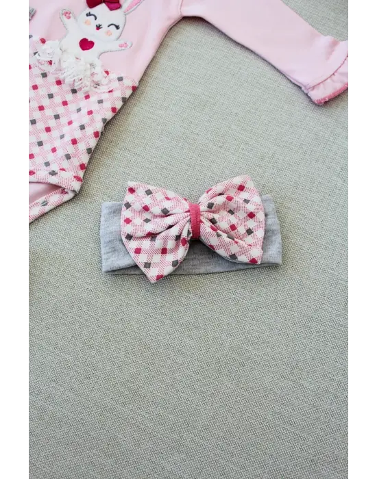 Omarı Havuç Tavşan Nakışlı Kız Bebek Zıbınlı Takı 3lü Set