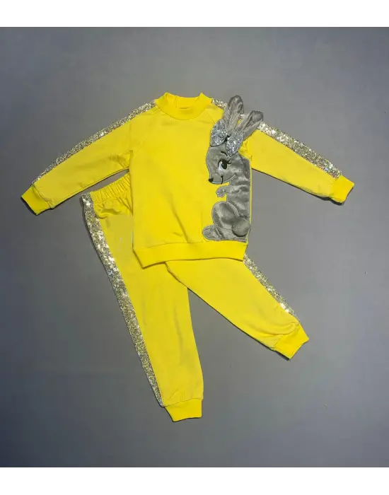 Omarı Payetli Tavşan Desenli Kız Çocuk 2li Takım Sarı