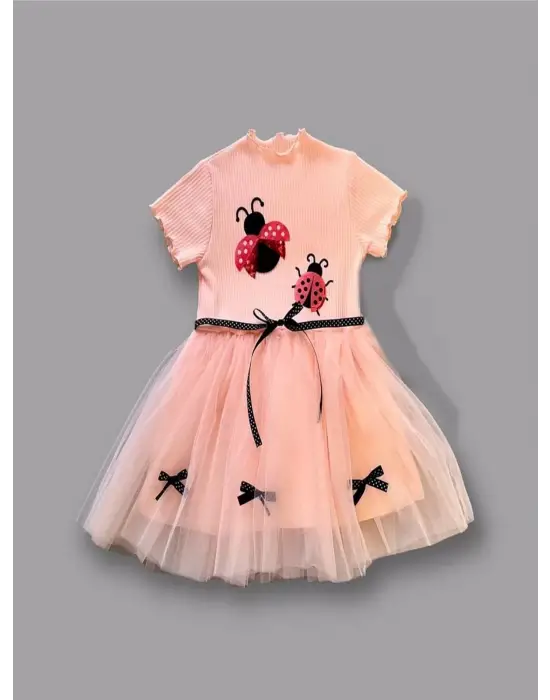 Omarı Sevimli Uğur Böceği Nakışlı Kız Çocuk Elbisesi