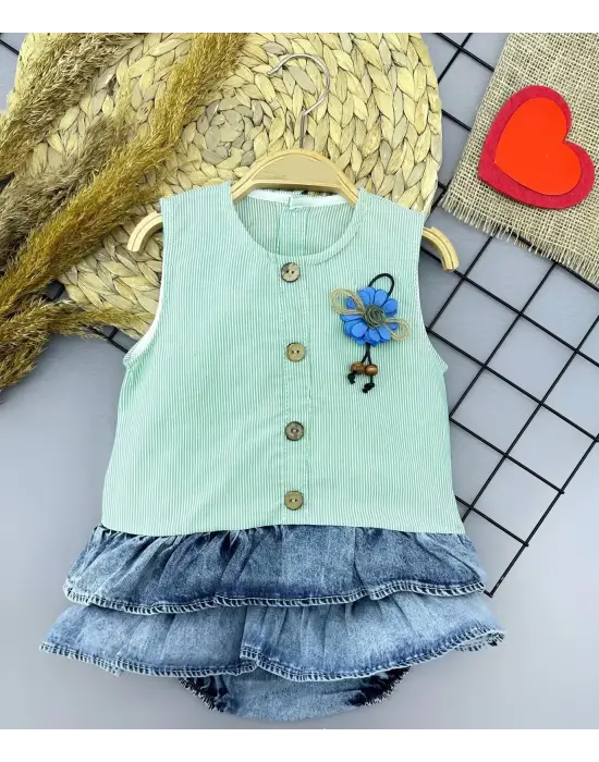 Omarı Çiçek Detaylı Kot Kilotlu Etek Kız Bebek Elbisesi Yeşil