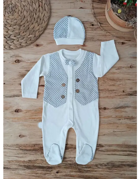 Omarı Detaylı Çıtçıtlı Ekru Erkek Bebek Tulumu
