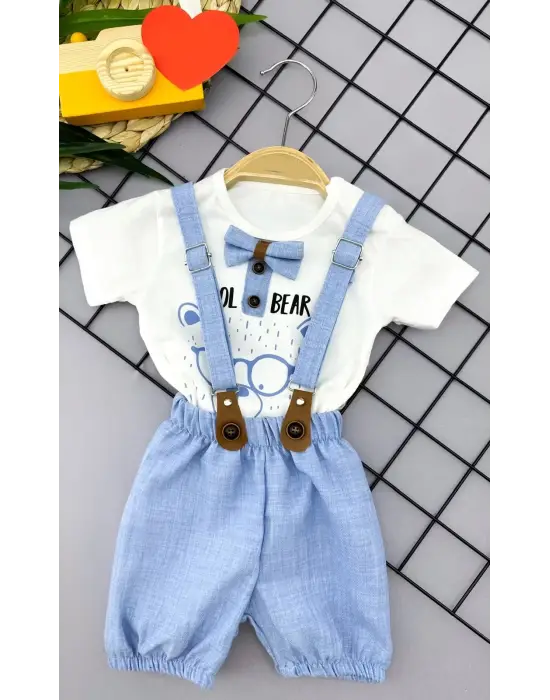 Omarı Papyon Detaylı Keten Şort Salopet Erkek Bebek Takımı