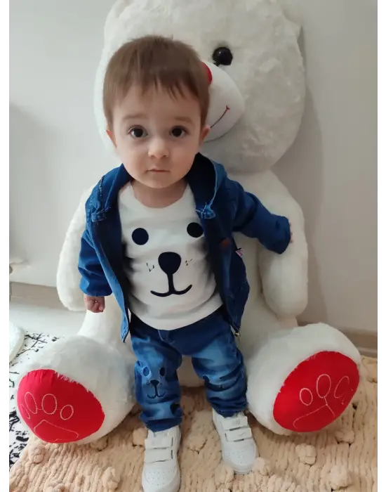 Omarı Kapşonlu Uzun Kol Erkek Bebek 3lü Kot Takımı Mavi