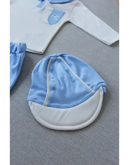 Omarı Nakışlı Cep Şapkalı Erkek Bebek Sweat 3lü Takım Mavi