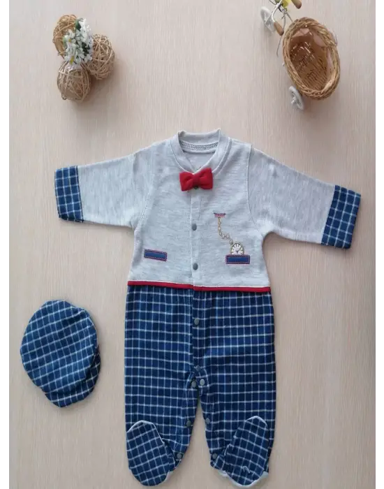 Omarı 0-6 Ay Bebek Tulumu Cep Saatli Kasketli ve Papyonlu - Lacivert