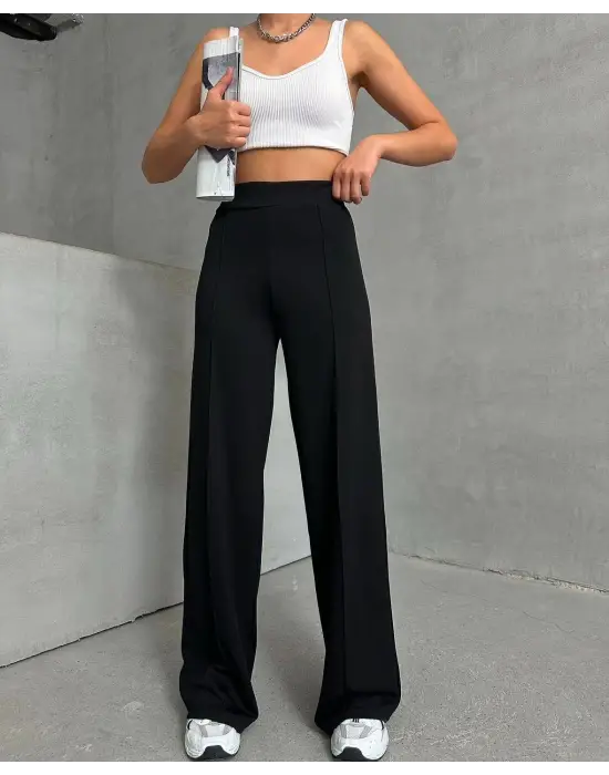 Omarı Şık ve Rahat Siyah Önü Çımalı Pantolon