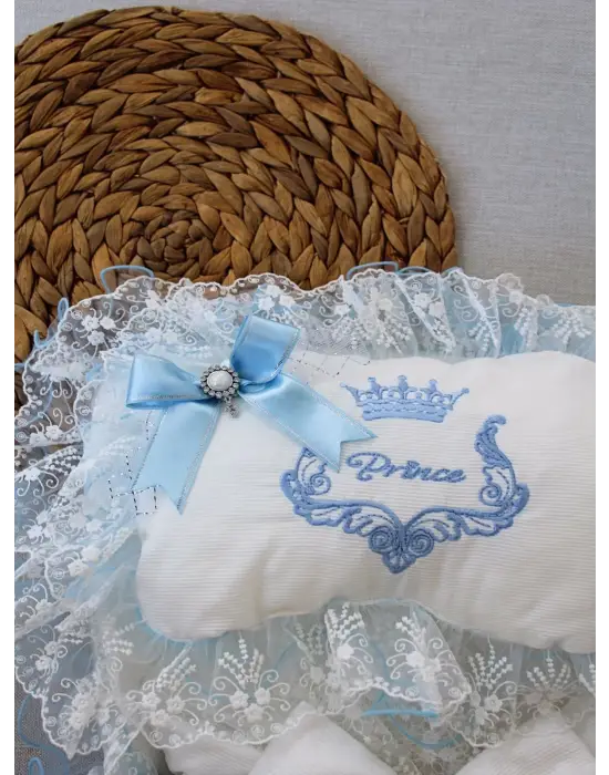 Omarı Nil Taç Nakışlı Yenidoğan 3lü Alt Açma Seti - Mavi