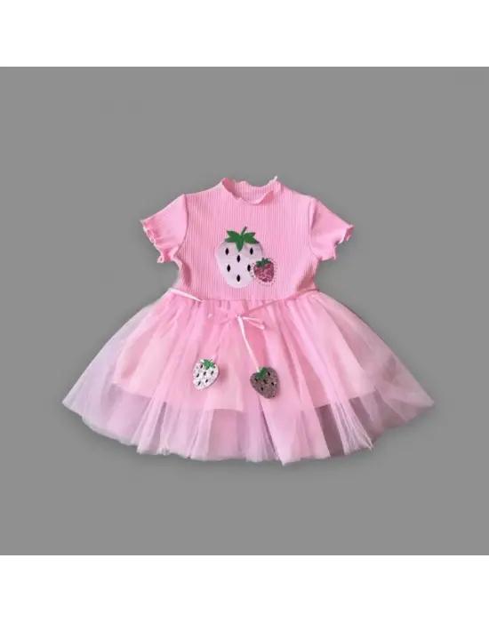 Omarı Trendy Çilek Desenli Bebek Elbisesi Pembe