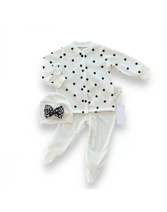 Omarı Puantiyeli Şapkalı Çıtçıt Kapamalı Bebek Takımı - Beyaz