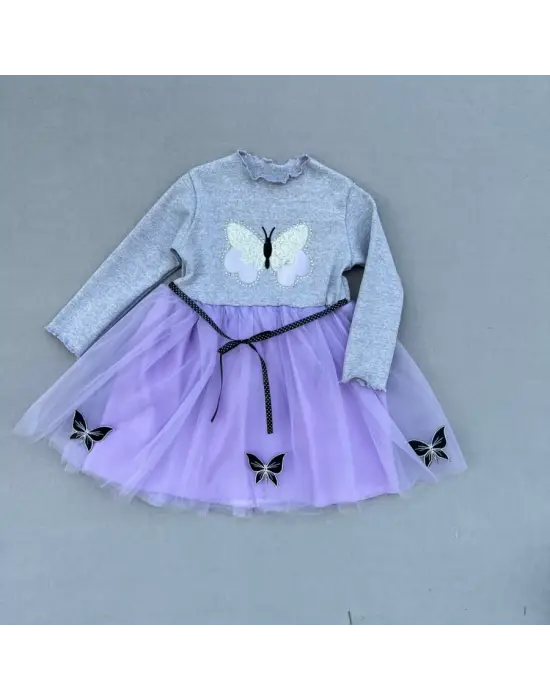 Omarı Taşlı Kelebek Desenli Kız Çocuk Lila Tütü Elbise