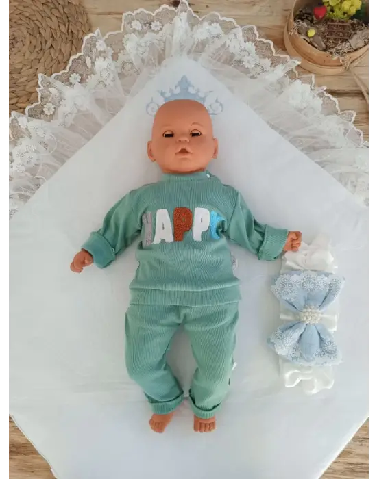 Omarı Yenidoğan Taç Nakışlı Mavi Bebek Battaniyesi