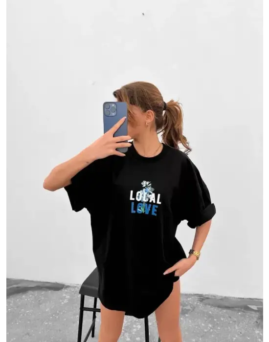 Omarı Siyah Oversize Unisex Baskılı Bisiklet Yaka T-Shirt