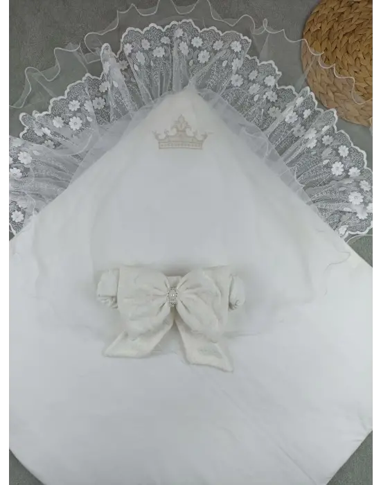 Omarı Yenidoğan Taç Nakışlı Soft Cotton Kundak Battaniyesi