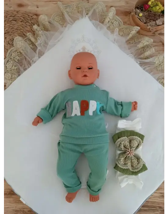 Omarı Yenidoğan Taç Nakışlı Yeşil Bebek Battaniyesi