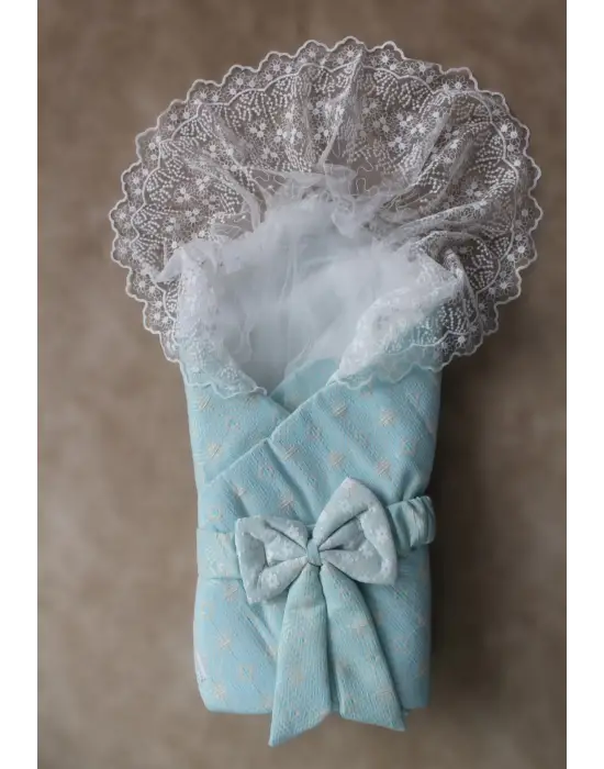 Omarı Mint Yeşili Yenidoğan Kareli Duvaklı Kundak Battaniyesi