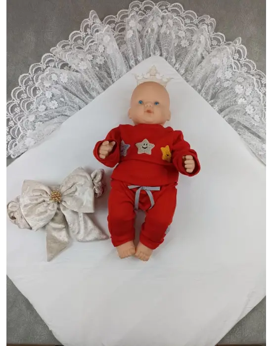 Omarı İnci Fiyonklu Yenidoğan Dantel Bebek Battaniyesi - Vizon-Ekru