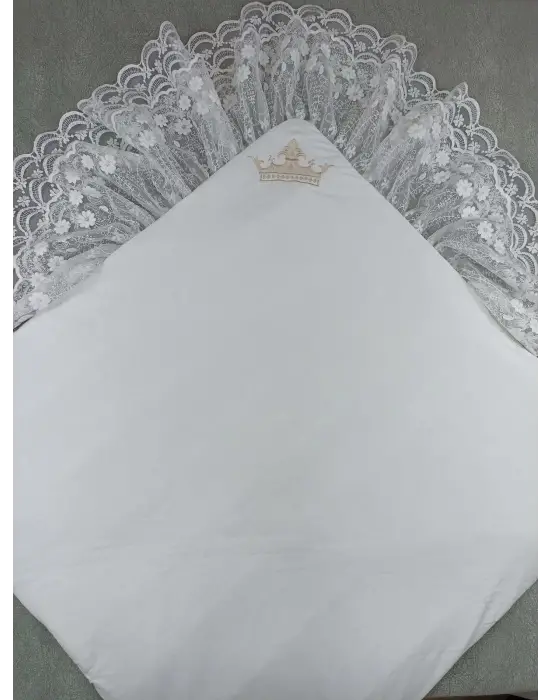 Omarı İnci Fiyonklu Yenidoğan Dantel Bebek Battaniyesi - Vizon-Ekru