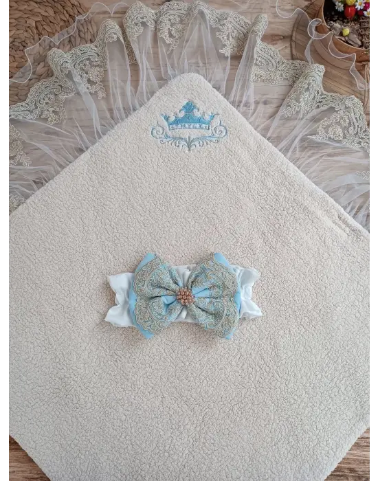 Omarı Yenidoğan Unisex Taç Nakışlı Kundak Battaniyesi Mavi