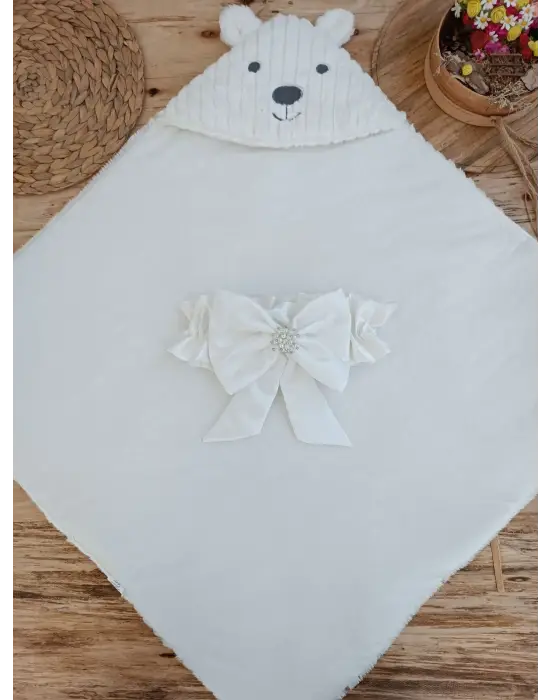 Omarı Yenidoğan Wool Yün Ayıcık Kulaklı Kundak Battaniye