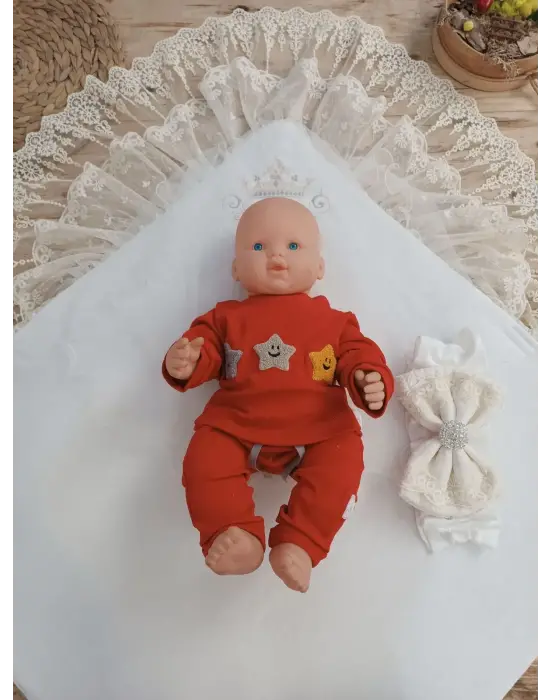 Omarı Yenidoğan Taç Nakışlı Prizma Taş Bebek Battaniyesi Krem