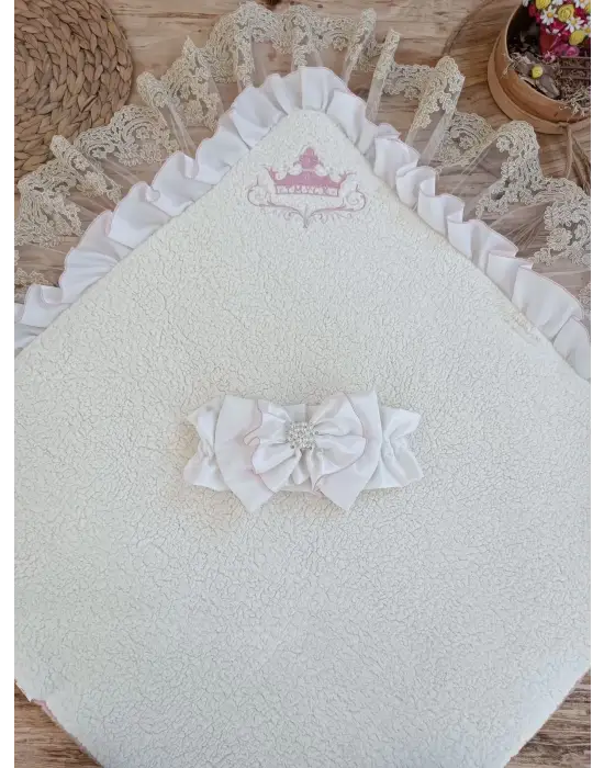 Omarı Yenidoğan Wool Yün Kumaş Güpür Duvaklı Battaniye - Pembe