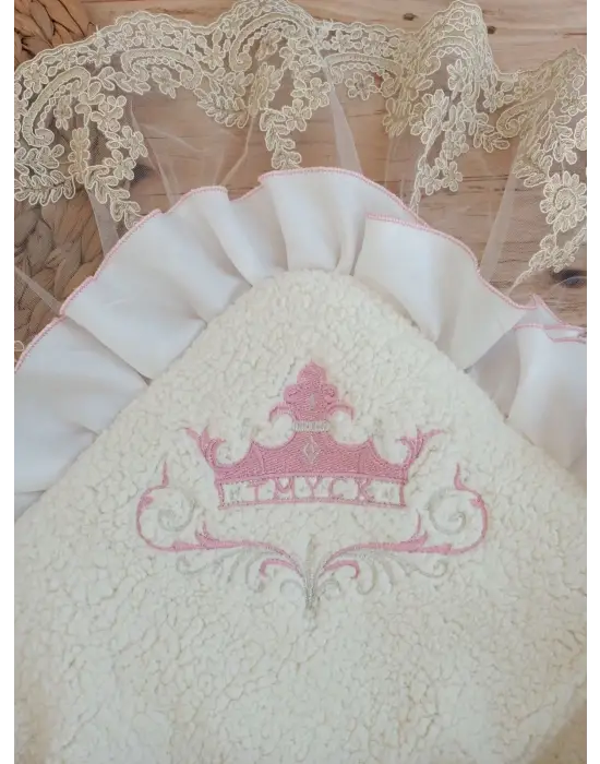 Omarı Yenidoğan Wool Yün Kumaş Güpür Duvaklı Battaniye - Pembe