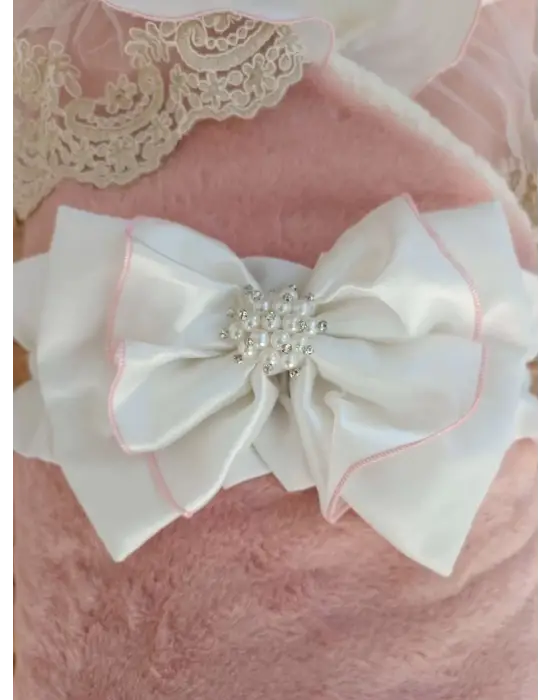 Omarı Yenidoğan Wool Yün Kumaş Güpür Duvaklı Battaniye - Pembe