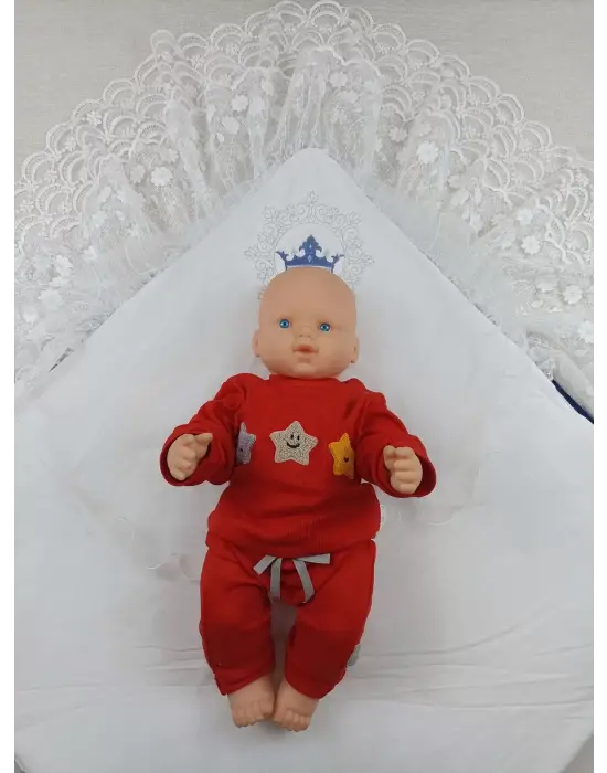 Omarı İnci Fiyonklu Yenidoğan Kadife Taçlı Dantelli Bebek Battaniyesi