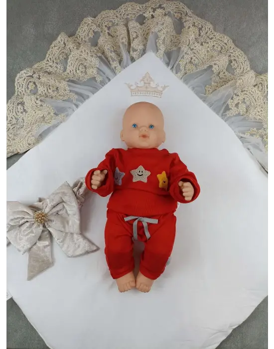 Omarı Taç Nakışlı İncili Yenidoğan Bebek Battaniyesi