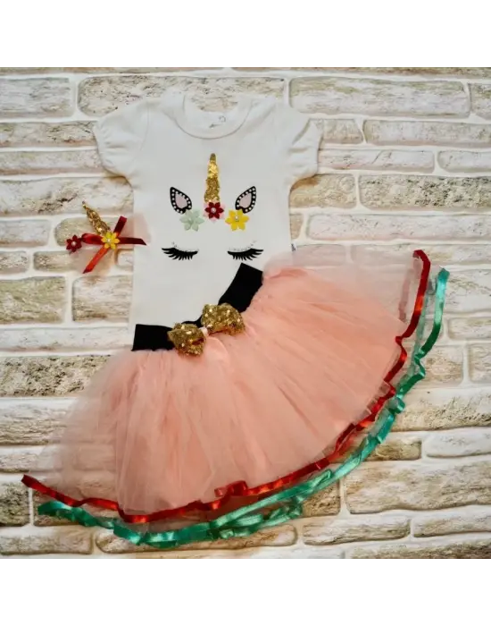 Omarı Pudra Renkli Payetli Pony Nakışlı Kısa Kollu Tütü Etek Kız Bebek Takımı