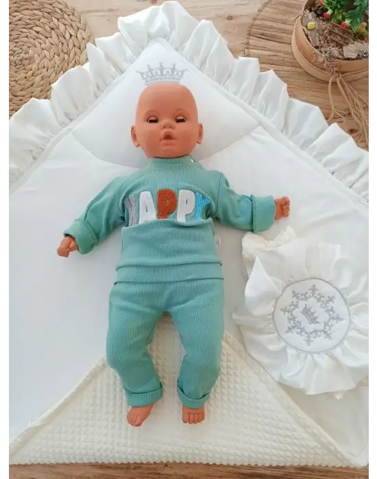 Omarı Şık Yenidoğan Bebek Battaniyesi Nakışlı Kundak Krem