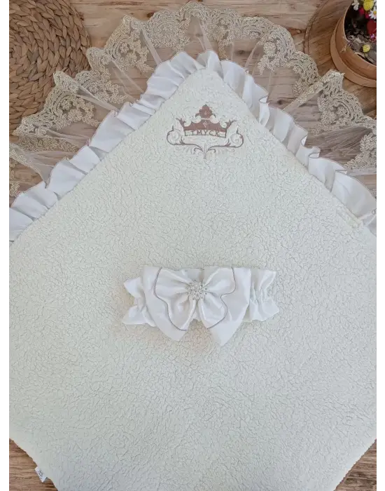 Omarı Yenidoğan Güpürlü Yün Battaniye - Kahverengi