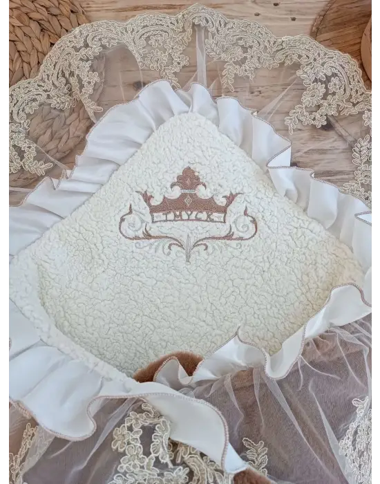 Omarı Yenidoğan Güpürlü Yün Battaniye - Kahverengi