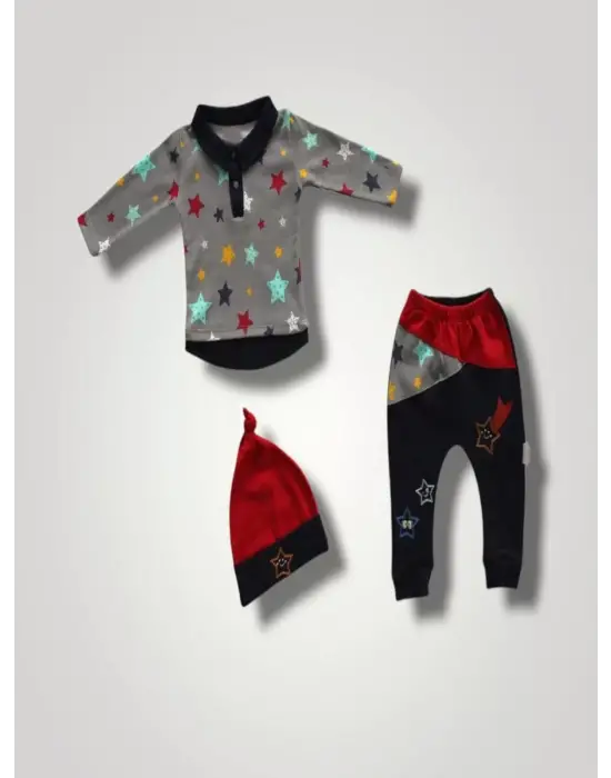 Omarı Yıldızlar Baskılı Uzun Kollu 3lü Bebek Takımı