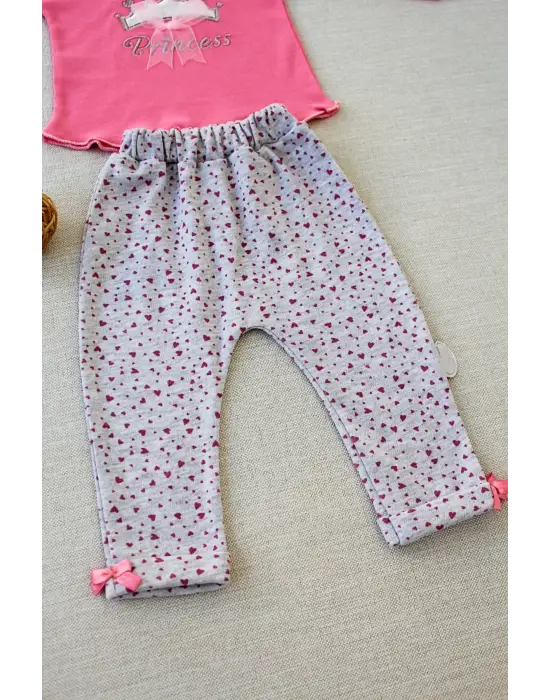 Omarı Fuşya Bebek Takımı Uzun Kollu Sweat Şapkalı 3lü Set