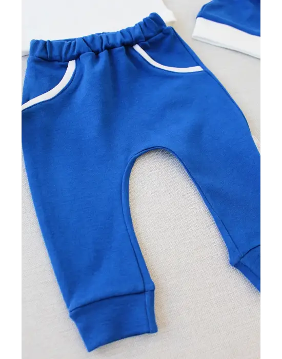 Omarı Yıldız Nakışlı Şapkalı Erkek Bebek Takımı İndigo