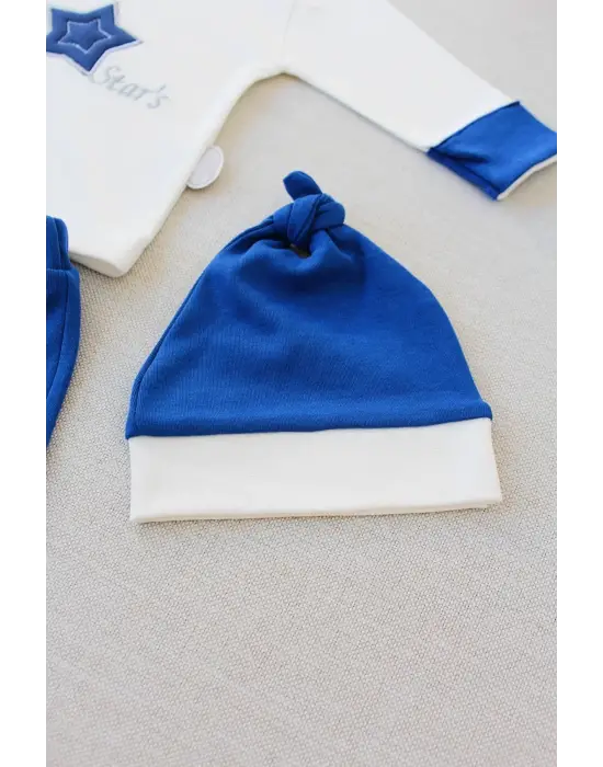 Omarı Yıldız Nakışlı Şapkalı Erkek Bebek Takımı İndigo